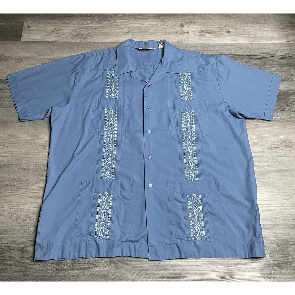Vintage Supreme Gauyabera Lt Blue Mens Short Sleeve/Button Up Embroidered 2XL